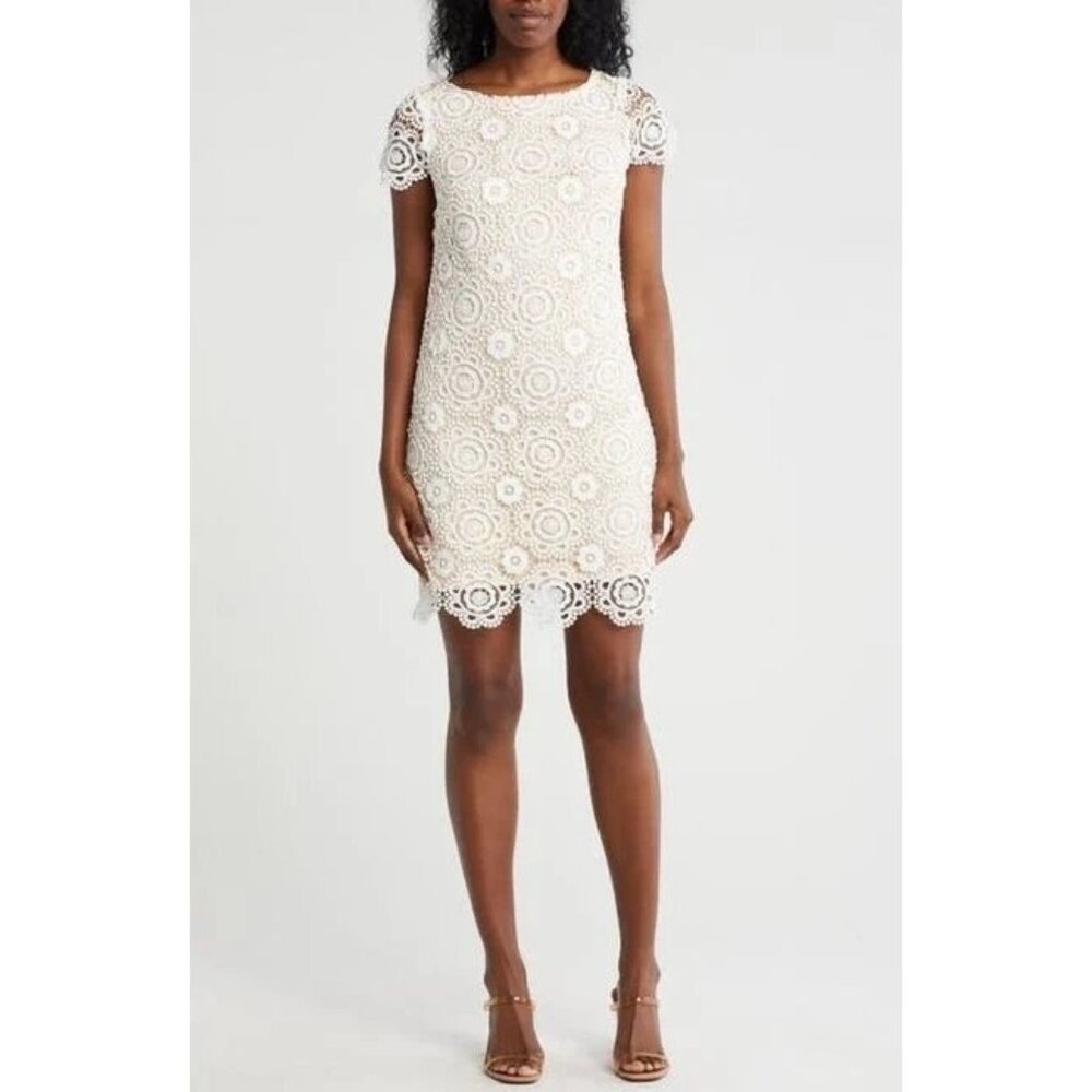 Eliza J Ivory Short-Sleeve Floral Lace Overlay Sheath Dress With Scalloped Hem‎